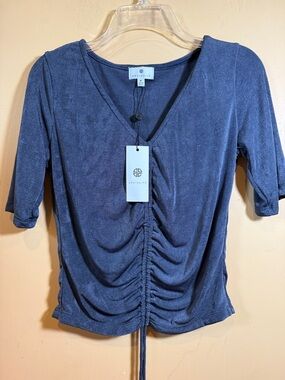 NWT, Socialite Navy Ruched Drawstring V-Neck Top